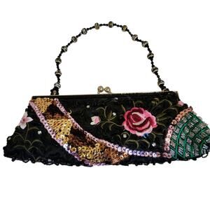 NWOT Vtg Aldo Black Beaded Sequin Evening Handbag with Floral Design